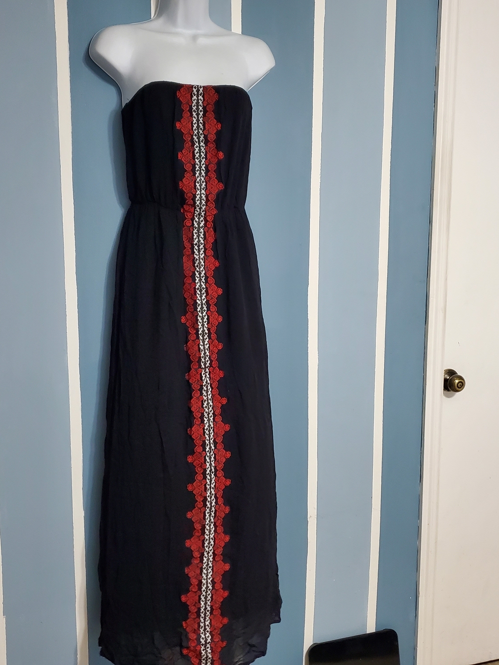 Strapless Black Maxi Dress with Red Embroidered Trim